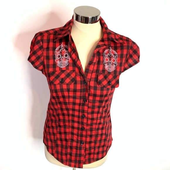 Sourpuss Tops - Sourpuss buffalo plaid embroidered sugar skull